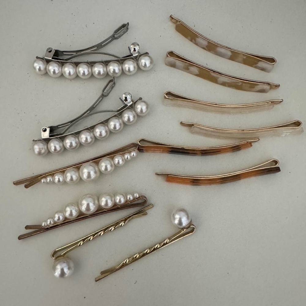 12 assorted matching hair clips barrettes, gold silver marble pearl barrette